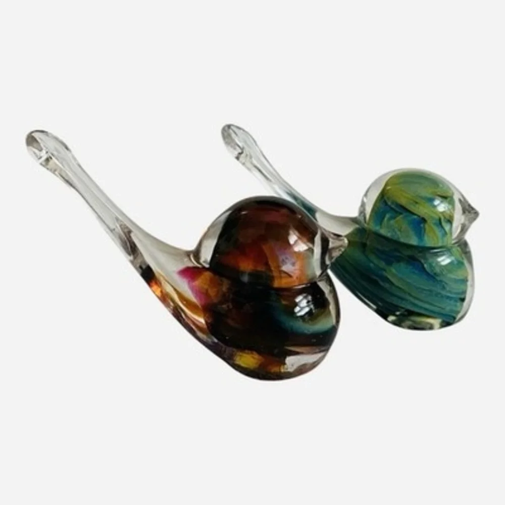 Art Glass Bird Figurines Set of 2 Multicolor Hand Blown Paperweight EXC